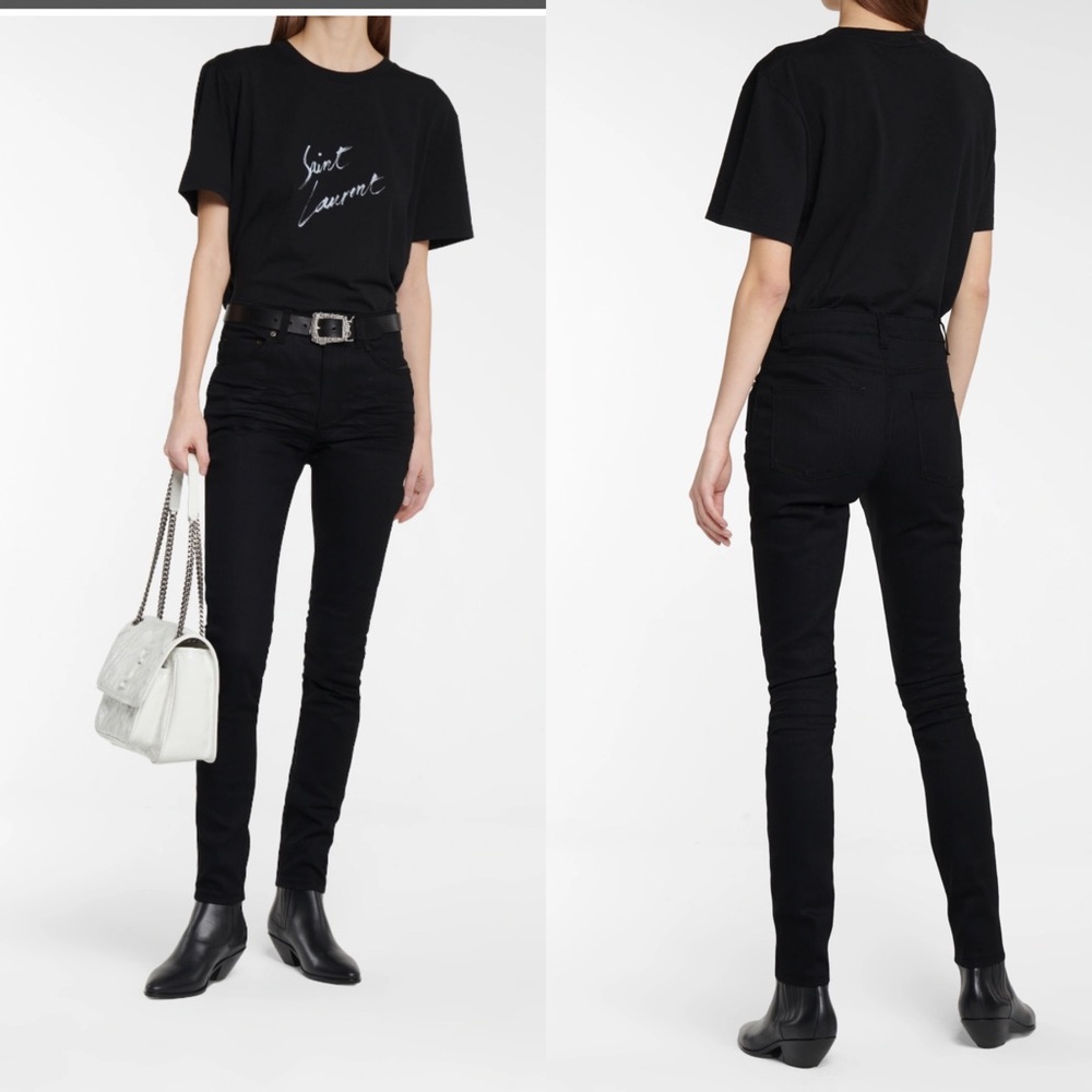 Saint Laurent distressed cropped skinny mid rise black jeans size 27